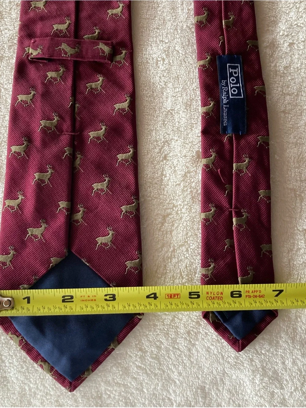 Vintage Polo Ralph Lauren Mens 100% Silk Tie Burgundy/Gold Deer Print Logo Italy